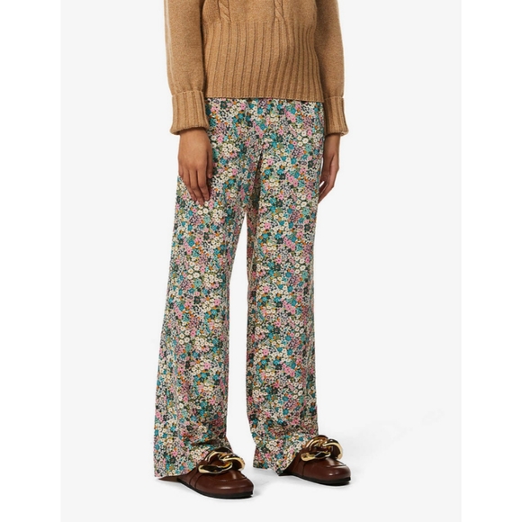 See by Chloe Floral-Print Wide-Leg Mid-Rise Silk-Crepe Trousers, 36/Small - Picture 3 of 10